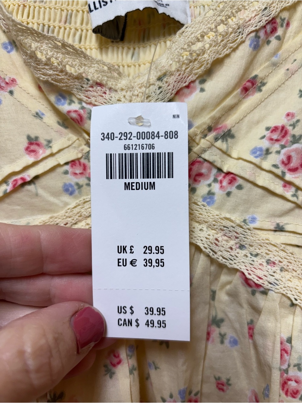 Hollister V Neck Pastel Yellow Babydoll Floral Cotton Tank w Lace Medium NWT - Picture 6 of 12